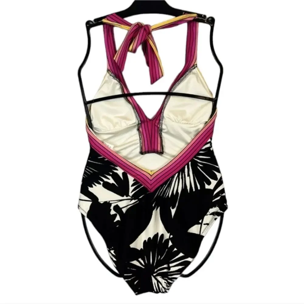 Trina Turk Lennox Plunge Pink One Piece Swimsuit Black White Pink Size 14 NWT